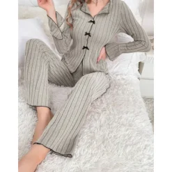 Sale Women's Pajamas Sets Pure Color Fashion Comfort Home Daily Bed Knit Breathable V Wire Long Sleeve Sweater Pant Elastic Waist Fall Winter Home Outfits Women Pajama-Setter