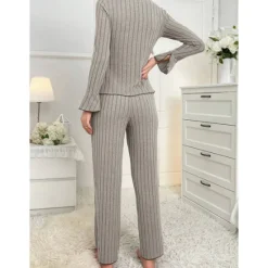 Sale Women's Pajamas Sets Pure Color Fashion Comfort Home Daily Bed Knit Breathable V Wire Long Sleeve Sweater Pant Elastic Waist Fall Winter Home Outfits Women Pajama-Setter