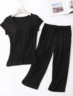 Sale Women's Pajamas Sets Pure Color Simple Comfort Home Daily Bed Modal Breathable Crew Neck Short Sleeve T shirt Tee Pant Chest pads Summer Home Outfits Women Pajama-Setter