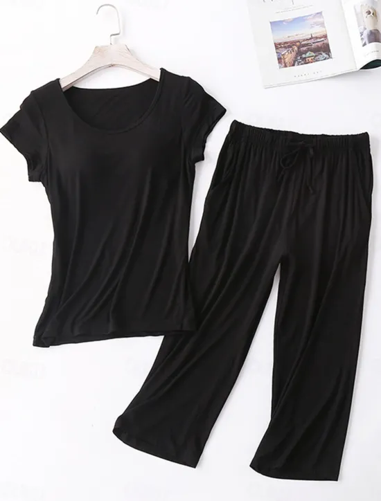 Sale Women's Pajamas Sets Pure Color Simple Comfort Home Daily Bed Modal Breathable Crew Neck Short Sleeve T shirt Tee Pant Chest pads Summer Home Outfits Women Pajama-Setter