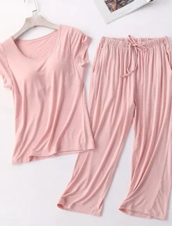 Sale Women's Pajamas Sets Pure Color Simple Comfort Home Daily Bed Modal Breathable Crew Neck Short Sleeve T shirt Tee Pant Chest pads Summer Home Outfits Women Pajama-Setter
