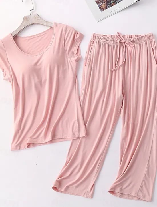 Sale Women's Pajamas Sets Pure Color Simple Comfort Home Daily Bed Modal Breathable Crew Neck Short Sleeve T shirt Tee Pant Chest pads Summer Home Outfits Women Pajama-Setter