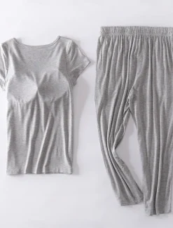 Sale Women's Pajamas Sets Pure Color Simple Comfort Home Daily Bed Modal Breathable Crew Neck Short Sleeve T shirt Tee Pant Chest pads Summer Home Outfits Women Pajama-Setter