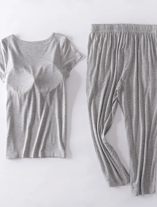 Sale Women's Pajamas Sets Pure Color Simple Comfort Home Daily Bed Modal Breathable Crew Neck Short Sleeve T shirt Tee Pant Chest pads Summer Home Outfits Women Pajama-Setter