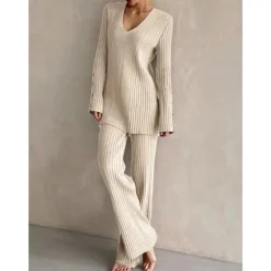 Discount Women's Pajamas Sets Pure Color Fashion Basic Comfort Home Daily Bed Knit Breathable V Wire Long Sleeve Sweater Pant Button Elastic Waist Fall Winter Home Outfits Women Pajama-Setter