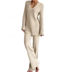Discount Women's Pajamas Sets Pure Color Fashion Basic Comfort Home Daily Bed Knit Breathable V Wire Long Sleeve Sweater Pant Button Elastic Waist Fall Winter Home Outfits Women Pajama-Setter