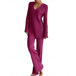 Discount Women's Pajamas Sets Pure Color Fashion Basic Comfort Home Daily Bed Knit Breathable V Wire Long Sleeve Sweater Pant Button Elastic Waist Fall Winter Home Outfits Women Pajama-Setter