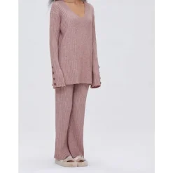 Discount Women's Pajamas Sets Pure Color Fashion Basic Comfort Home Daily Bed Knit Breathable V Wire Long Sleeve Sweater Pant Button Elastic Waist Fall Winter Home Outfits Women Pajama-Setter