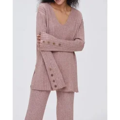 Discount Women's Pajamas Sets Pure Color Fashion Basic Comfort Home Daily Bed Knit Breathable V Wire Long Sleeve Sweater Pant Button Elastic Waist Fall Winter Home Outfits Women Pajama-Setter