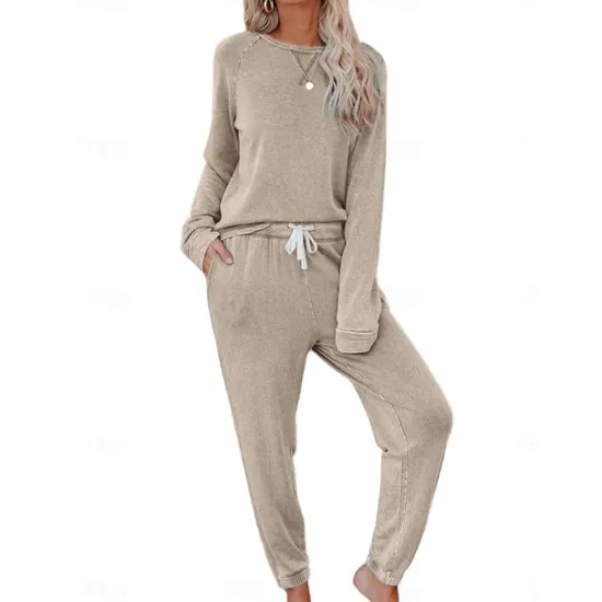 Sale Women's Pajamas Sets Pure Color Fashion Basic Comfort Home Daily Bed Breathable Crew Neck Long Sleeve Pant Pocket Elastic Waist Fall Winter Home Outfits Women Pajama-Setter