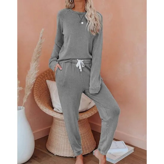 Sale Women's Pajamas Sets Pure Color Fashion Basic Comfort Home Daily Bed Breathable Crew Neck Long Sleeve Pant Pocket Elastic Waist Fall Winter Home Outfits Women Pajama-Setter
