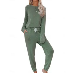 Sale Women's Pajamas Sets Pure Color Fashion Basic Comfort Home Daily Bed Breathable Crew Neck Long Sleeve Pant Pocket Elastic Waist Fall Winter Home Outfits Women Pajama-Setter