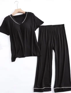 Clearance Women's Pajamas Sets Pure Color Fashion Simple Comfort Home Daily Bed Modal Breathable V Wire Short Sleeve T shirt Tee Pant Chest pads Summer Home Outfits Women Pajama-Setter