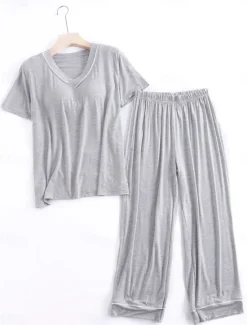 Clearance Women's Pajamas Sets Pure Color Fashion Simple Comfort Home Daily Bed Modal Breathable V Wire Short Sleeve T shirt Tee Pant Chest pads Summer Home Outfits Women Pajama-Setter