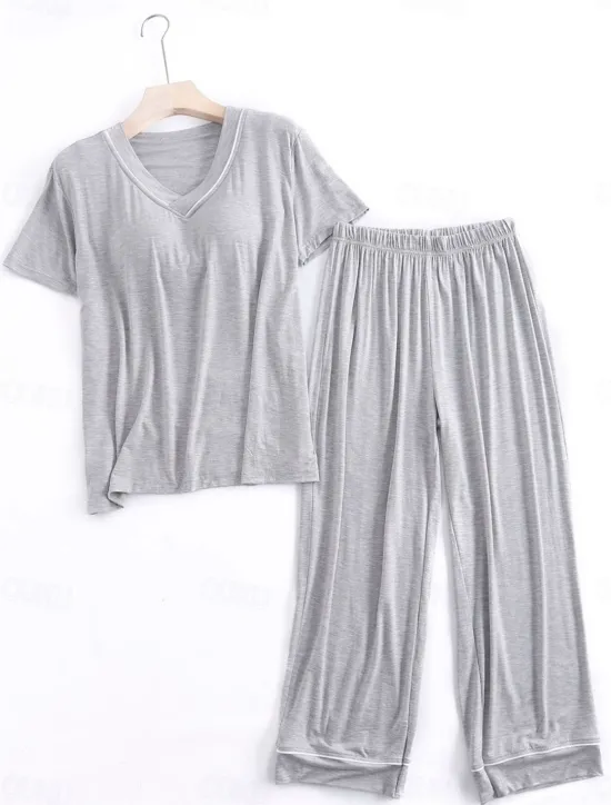 Clearance Women's Pajamas Sets Pure Color Fashion Simple Comfort Home Daily Bed Modal Breathable V Wire Short Sleeve T shirt Tee Pant Chest pads Summer Home Outfits Women Pajama-Setter