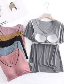 Clearance Women's Pajamas Sets Pure Color Fashion Simple Comfort Home Daily Bed Modal Breathable V Wire Short Sleeve T shirt Tee Pant Chest pads Summer Home Outfits Women Pajama-Setter