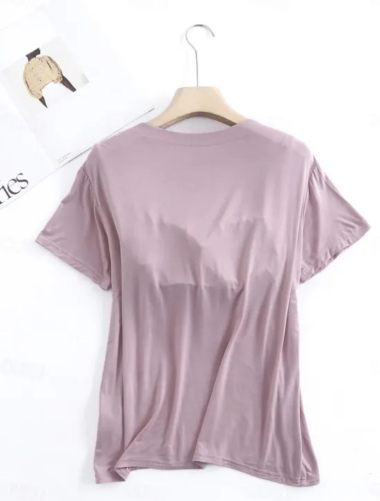 Clearance Women's Pajamas Sets Pure Color Fashion Simple Comfort Home Daily Bed Modal Breathable V Wire Short Sleeve T shirt Tee Pant Chest pads Summer Home Outfits Women Pajama-Setter