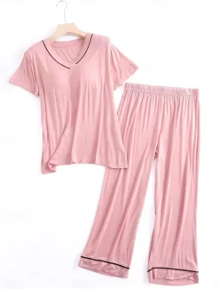 Clearance Women's Pajamas Sets Pure Color Fashion Simple Comfort Home Daily Bed Modal Breathable V Wire Short Sleeve T shirt Tee Pant Chest pads Summer Home Outfits Women Pajama-Setter