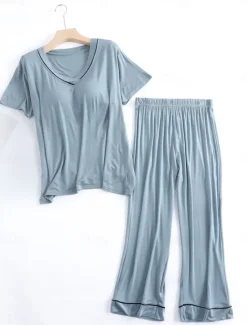 Clearance Women's Pajamas Sets Pure Color Fashion Simple Comfort Home Daily Bed Modal Breathable V Wire Short Sleeve T shirt Tee Pant Chest pads Summer Home Outfits Women Pajama-Setter
