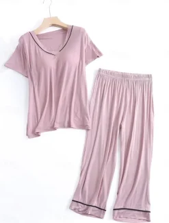 Clearance Women's Pajamas Sets Pure Color Fashion Simple Comfort Home Daily Bed Modal Breathable V Wire Short Sleeve T shirt Tee Pant Chest pads Summer Home Outfits Women Pajama-Setter