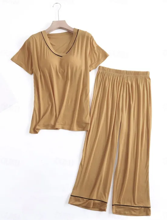 Clearance Women's Pajamas Sets Pure Color Fashion Simple Comfort Home Daily Bed Modal Breathable V Wire Short Sleeve T shirt Tee Pant Chest pads Summer Home Outfits Women Pajama-Setter