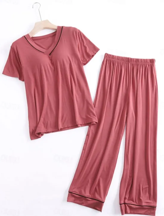 Clearance Women's Pajamas Sets Pure Color Fashion Simple Comfort Home Daily Bed Modal Breathable V Wire Short Sleeve T shirt Tee Pant Chest pads Summer Home Outfits Women Pajama-Setter