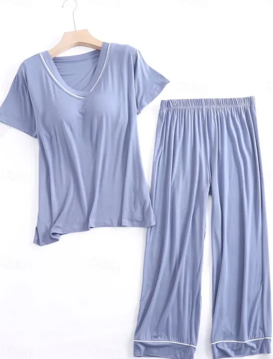 Clearance Women's Pajamas Sets Pure Color Fashion Simple Comfort Home Daily Bed Modal Breathable V Wire Short Sleeve T shirt Tee Pant Chest pads Summer Home Outfits Women Pajama-Setter