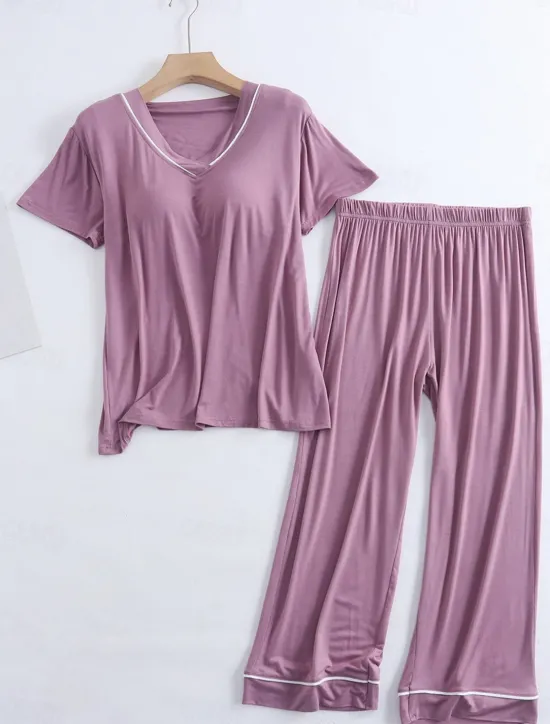 Clearance Women's Pajamas Sets Pure Color Fashion Simple Comfort Home Daily Bed Modal Breathable V Wire Short Sleeve T shirt Tee Pant Chest pads Summer Home Outfits Women Pajama-Setter