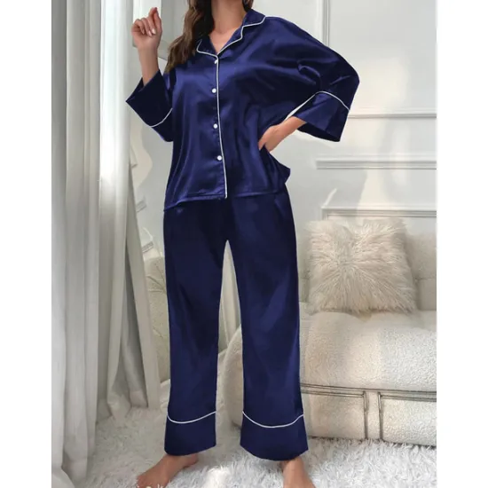 New Women's Pajamas Sets Pure Color Fashion Comfort Home Daily Bed Faux Silk Silk Breathable Lapel Long Sleeve Shirt Pant Button Pocket Fall Home Outfits Women Pajama-Setter