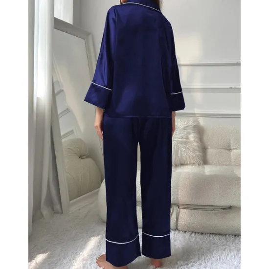 New Women's Pajamas Sets Pure Color Fashion Comfort Home Daily Bed Faux Silk Silk Breathable Lapel Long Sleeve Shirt Pant Button Pocket Fall Home Outfits Women Pajama-Setter