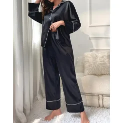 New Women's Pajamas Sets Pure Color Fashion Comfort Home Daily Bed Faux Silk Silk Breathable Lapel Long Sleeve Shirt Pant Button Pocket Fall Home Outfits Women Pajama-Setter