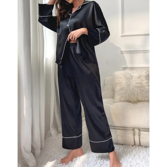New Women's Pajamas Sets Pure Color Fashion Comfort Home Daily Bed Faux Silk Silk Breathable Lapel Long Sleeve Shirt Pant Button Pocket Fall Home Outfits Women Pajama-Setter