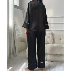 New Women's Pajamas Sets Pure Color Fashion Comfort Home Daily Bed Faux Silk Silk Breathable Lapel Long Sleeve Shirt Pant Button Pocket Fall Home Outfits Women Pajama-Setter
