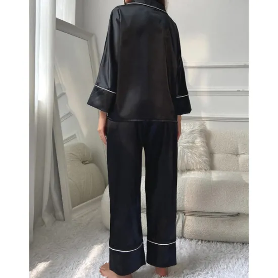 New Women's Pajamas Sets Pure Color Fashion Comfort Home Daily Bed Faux Silk Silk Breathable Lapel Long Sleeve Shirt Pant Button Pocket Fall Home Outfits Women Pajama-Setter
