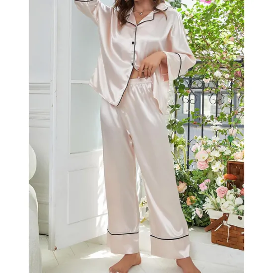 New Women's Pajamas Sets Pure Color Fashion Comfort Home Daily Bed Faux Silk Silk Breathable Lapel Long Sleeve Shirt Pant Button Pocket Fall Home Outfits Women Pajama-Setter