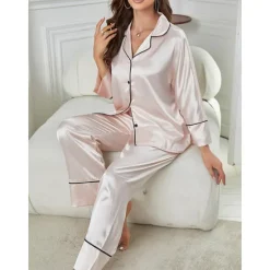 New Women's Pajamas Sets Pure Color Fashion Comfort Home Daily Bed Faux Silk Silk Breathable Lapel Long Sleeve Shirt Pant Button Pocket Fall Home Outfits Women Pajama-Setter
