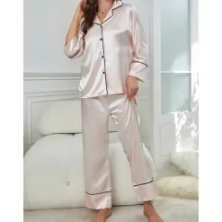 New Women's Pajamas Sets Pure Color Fashion Comfort Home Daily Bed Faux Silk Silk Breathable Lapel Long Sleeve Shirt Pant Button Pocket Fall Home Outfits Women Pajama-Setter