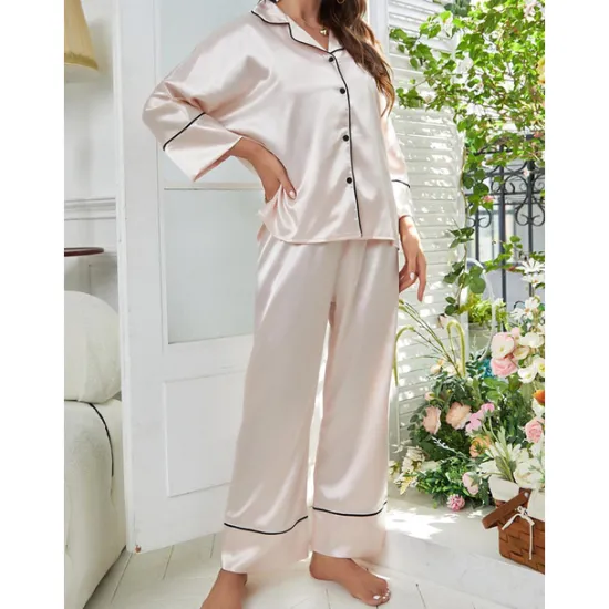 New Women's Pajamas Sets Pure Color Fashion Comfort Home Daily Bed Faux Silk Silk Breathable Lapel Long Sleeve Shirt Pant Button Pocket Fall Home Outfits Women Pajama-Setter
