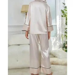 New Women's Pajamas Sets Pure Color Fashion Comfort Home Daily Bed Faux Silk Silk Breathable Lapel Long Sleeve Shirt Pant Button Pocket Fall Home Outfits Women Pajama-Setter