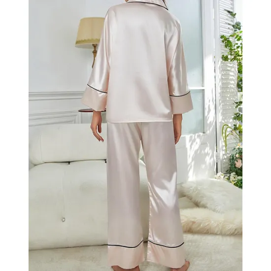 New Women's Pajamas Sets Pure Color Fashion Comfort Home Daily Bed Faux Silk Silk Breathable Lapel Long Sleeve Shirt Pant Button Pocket Fall Home Outfits Women Pajama-Setter