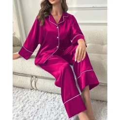 New Women's Pajamas Sets Pure Color Fashion Comfort Home Daily Bed Faux Silk Silk Breathable Lapel Long Sleeve Shirt Pant Button Pocket Fall Home Outfits Women Pajama-Setter