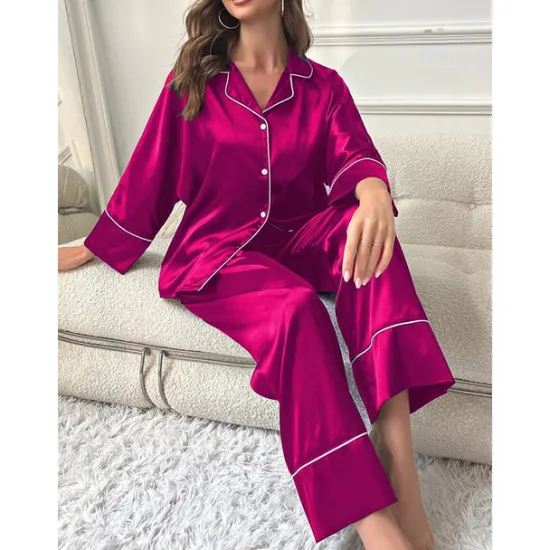 New Women's Pajamas Sets Pure Color Fashion Comfort Home Daily Bed Faux Silk Silk Breathable Lapel Long Sleeve Shirt Pant Button Pocket Fall Home Outfits Women Pajama-Setter