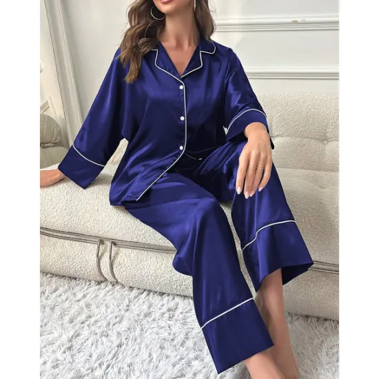 New Women's Pajamas Sets Pure Color Fashion Comfort Home Daily Bed Faux Silk Silk Breathable Lapel Long Sleeve Shirt Pant Button Pocket Fall Home Outfits Women Pajama-Setter