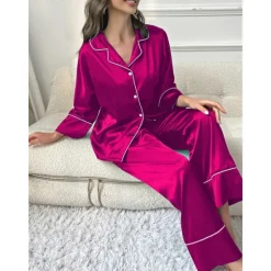 New Women's Pajamas Sets Pure Color Fashion Comfort Home Daily Bed Faux Silk Silk Breathable Lapel Long Sleeve Shirt Pant Button Pocket Fall Home Outfits Women Pajama-Setter