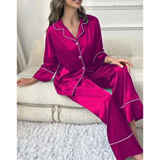 New Women's Pajamas Sets Pure Color Fashion Comfort Home Daily Bed Faux Silk Silk Breathable Lapel Long Sleeve Shirt Pant Button Pocket Fall Home Outfits Women Pajama-Setter