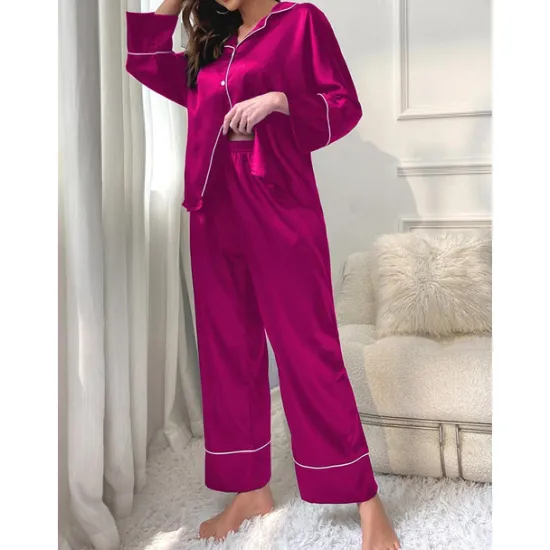 New Women's Pajamas Sets Pure Color Fashion Comfort Home Daily Bed Faux Silk Silk Breathable Lapel Long Sleeve Shirt Pant Button Pocket Fall Home Outfits Women Pajama-Setter