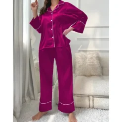 New Women's Pajamas Sets Pure Color Fashion Comfort Home Daily Bed Faux Silk Silk Breathable Lapel Long Sleeve Shirt Pant Button Pocket Fall Home Outfits Women Pajama-Setter