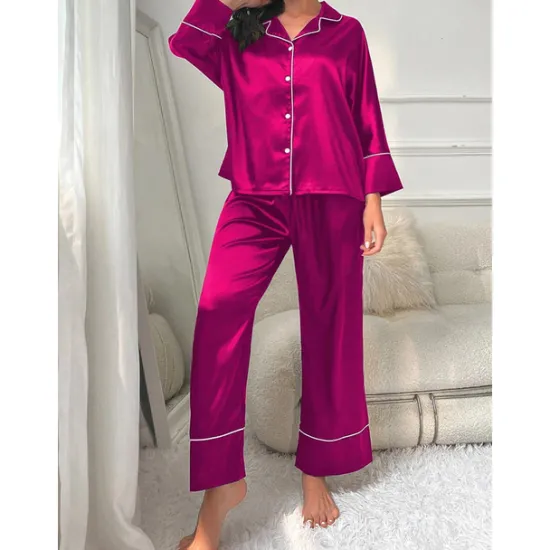 New Women's Pajamas Sets Pure Color Fashion Comfort Home Daily Bed Faux Silk Silk Breathable Lapel Long Sleeve Shirt Pant Button Pocket Fall Home Outfits Women Pajama-Setter