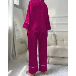 New Women's Pajamas Sets Pure Color Fashion Comfort Home Daily Bed Faux Silk Silk Breathable Lapel Long Sleeve Shirt Pant Button Pocket Fall Home Outfits Women Pajama-Setter