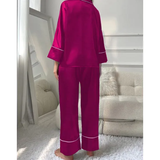 New Women's Pajamas Sets Pure Color Fashion Comfort Home Daily Bed Faux Silk Silk Breathable Lapel Long Sleeve Shirt Pant Button Pocket Fall Home Outfits Women Pajama-Setter